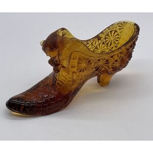 Vintage Fenton Amber Glass Daisy and Button Cat's Head Shoe Slipper 6" x 3" 70's